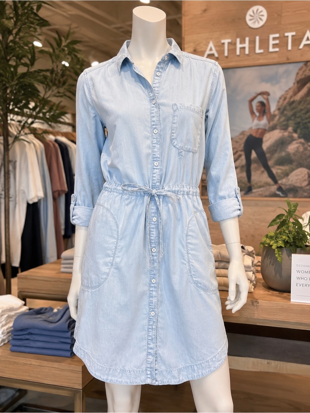Athleta Lyocell Chambray Utility Shirt Dress Drawstring Waist Blue Medium